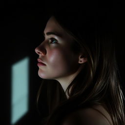 A young white brunette woman depicted in profile in a dark room, her head tilted slightly upwards with tears glistening in her eyes