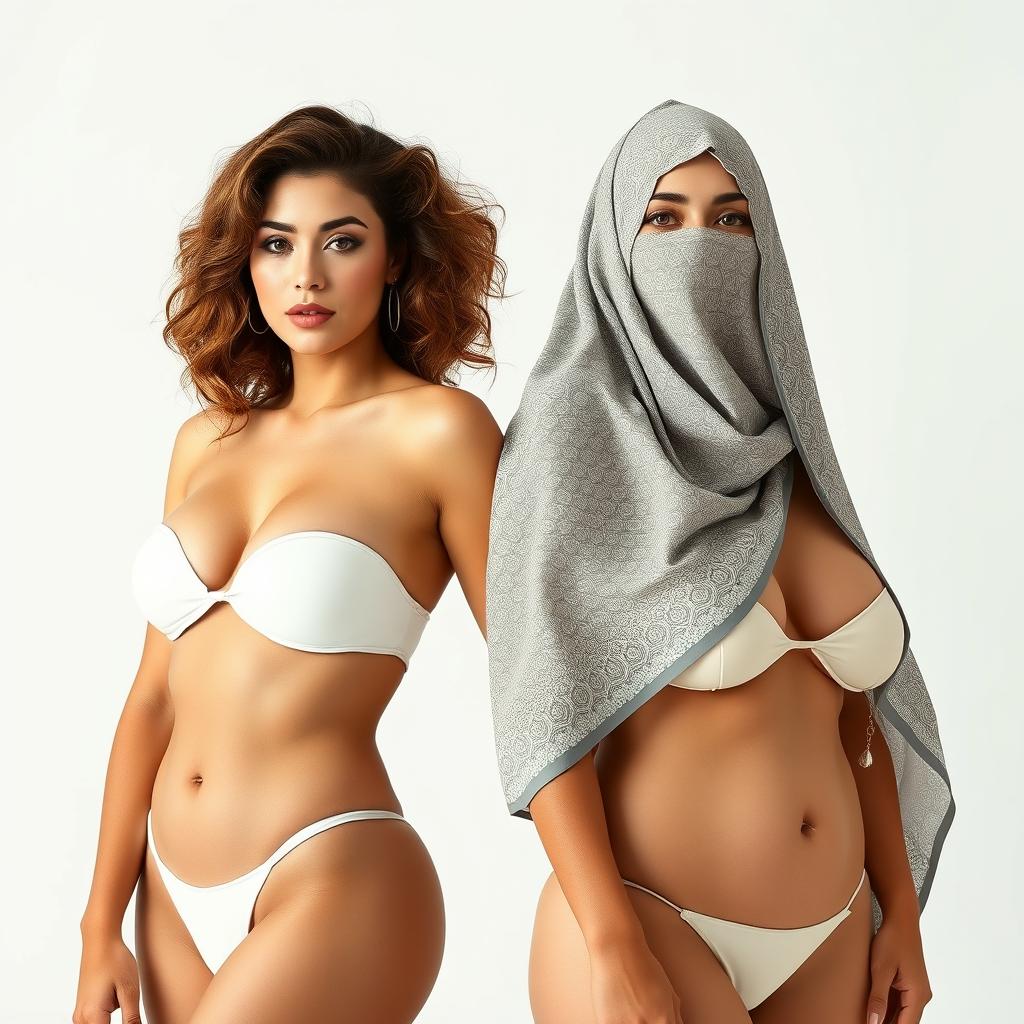 A white-skinned couple featuring two women, one with a beautiful face, slim and curvy European descent, styled with a mix of contemporary European hairstyles, and the other a busty Arab woman wearing an intricate burqa