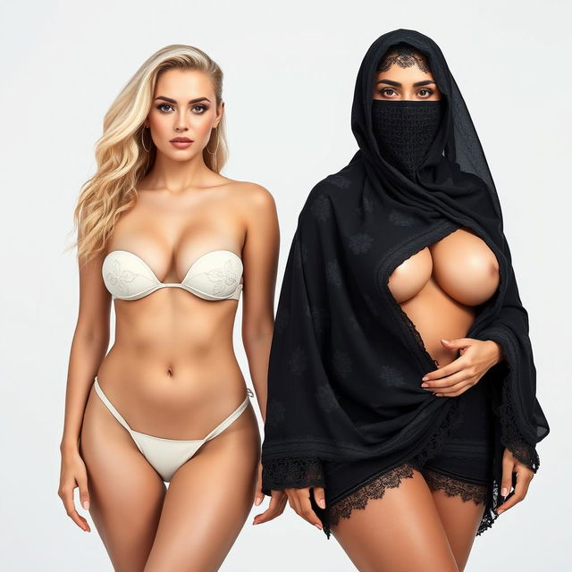 A white-skinned couple featuring two women, one with a beautiful face, slim and curvy European descent, styled with a mix of contemporary European hairstyles, and the other a busty Arab woman wearing an intricate burqa