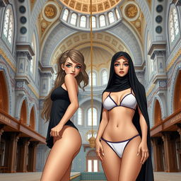 A European girl with a slim figure, curved features, and a beautiful face, standing next to a busty Arab girl wearing a burqa, both portrayed in a mosque setting