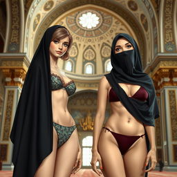 A European girl with a slim figure, curved features, and a beautiful face, standing next to a busty Arab girl wearing a burqa, both portrayed in a mosque setting