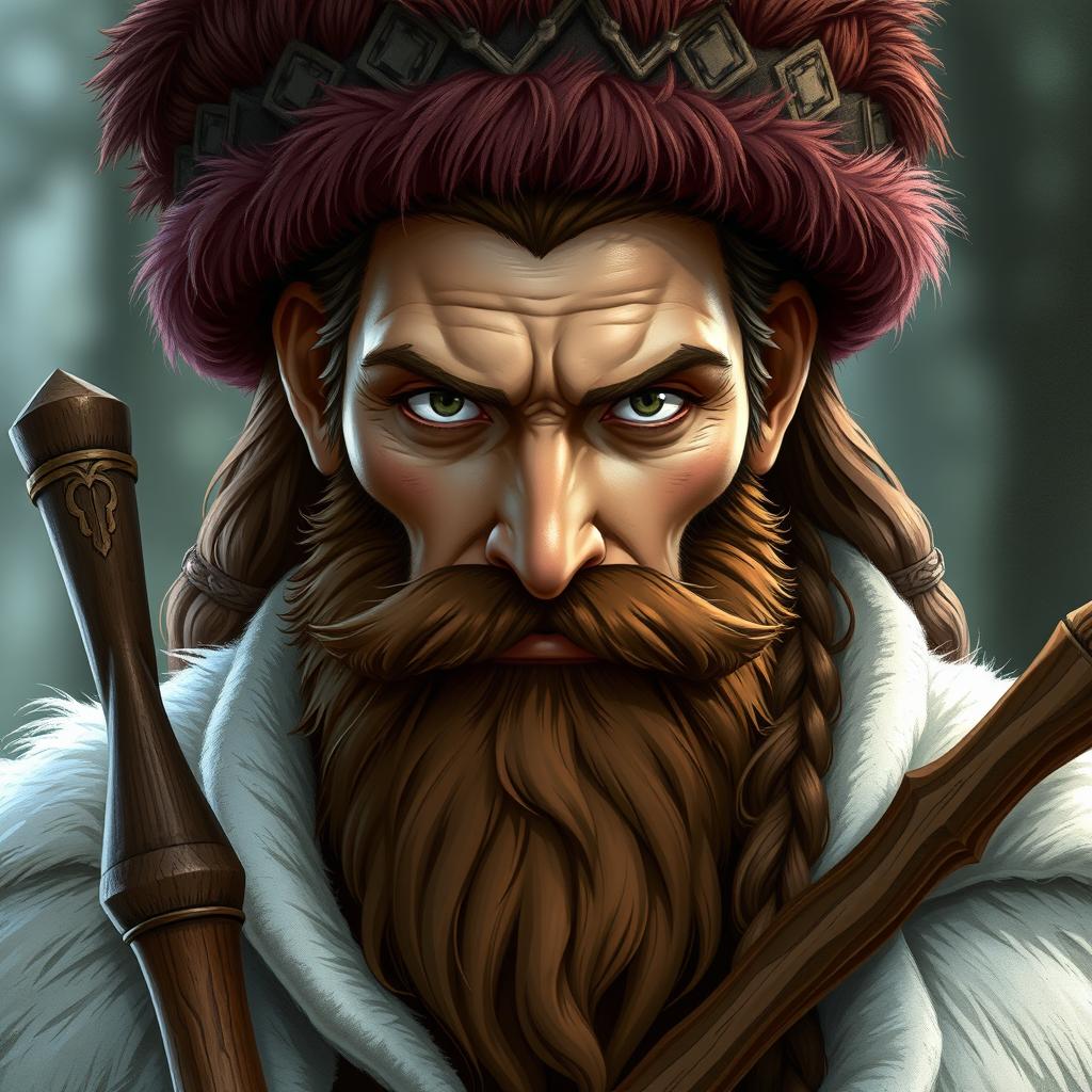 A shifter druid inspired by Jaygarcia Saturn from One Piece, featuring a rugged brown beard and striking grey eyes