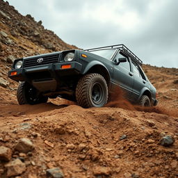 A Toyota Corolla KE30, extensively modified for off-road driving, tackling a rugged environment with rocky paths and thick mud