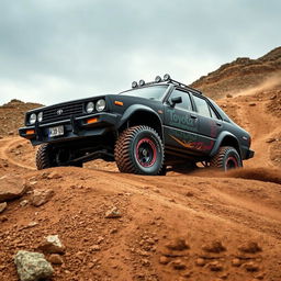 A Toyota Corolla KE30, extensively modified for off-road driving, tackling a rugged environment with rocky paths and thick mud