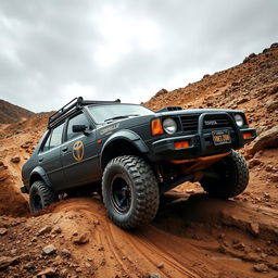 A Toyota Corolla KE30, extensively modified for off-road driving, tackling a rugged environment with rocky paths and thick mud