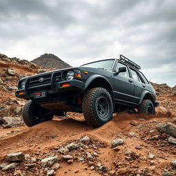 A Toyota Corolla KE30, extensively modified for off-road driving, tackling a rugged environment with rocky paths and thick mud