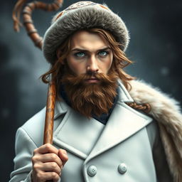 A 26-year-old shifter druid with a rugged brown beard and captivating grey eyes