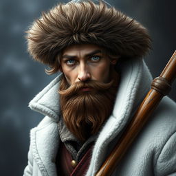 A 26-year-old shifter druid with a rugged brown beard and captivating grey eyes