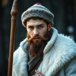 A 26-year-old shifter druid with a rugged brown beard and captivating grey eyes