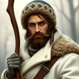 A 26-year-old shifter druid with a rugged brown beard and captivating grey eyes