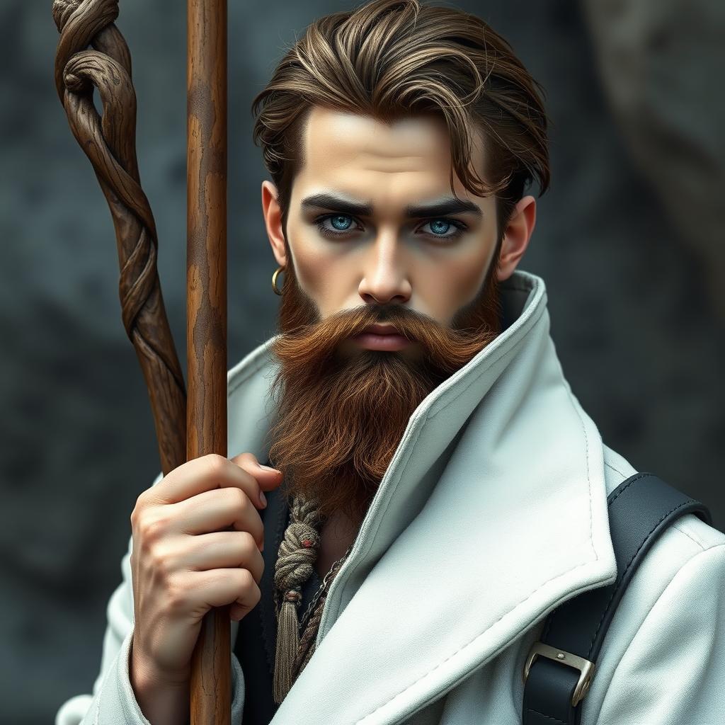 A 26-year-old shifter druid characterized by a rugged brown beard and captivating grey eyes