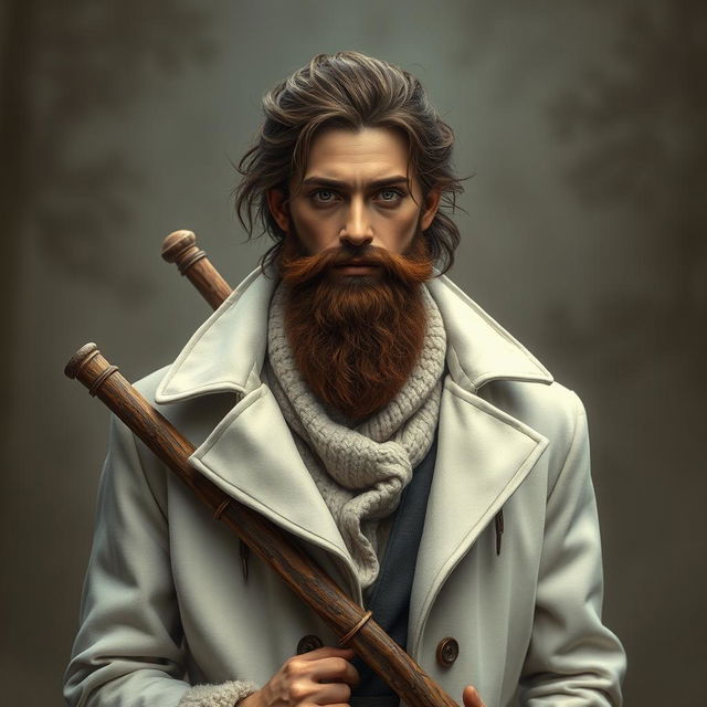 A 26-year-old shifter druid characterized by a rugged brown beard and captivating grey eyes