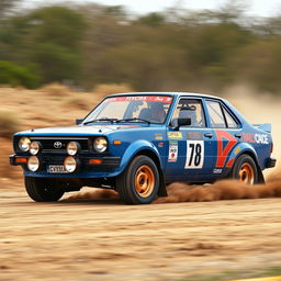 A modified Toyota Corolla KE30 in blue, transformed into a rally edition