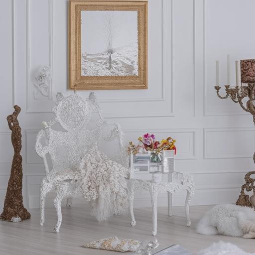 An elegant room completely in white, beautifully enhanced with a variety of eclectic decorations.