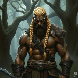 A powerful black semi-orc barbarian with a striking blonde braid, wearing rugged tribal warrior attire