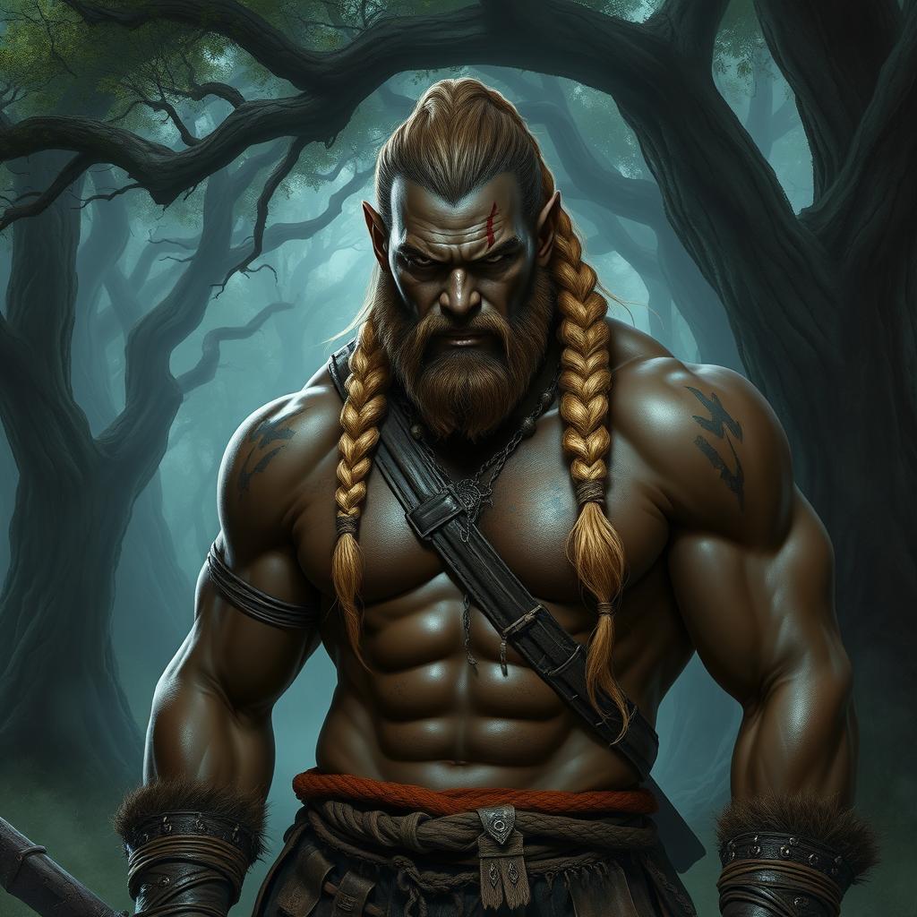 A powerful black semi-orc barbarian with a striking blonde braid, wearing rugged tribal warrior attire