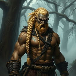 A powerful black semi-orc barbarian with a striking blonde braid, wearing rugged tribal warrior attire