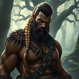 A powerful black semi-orc barbarian with a striking blonde braid, wearing rugged tribal warrior attire