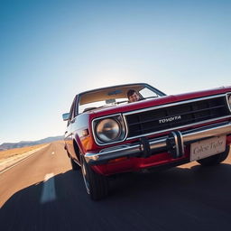 A classic Toyota Corolla KE30 cruising on an open road, capturing the essence of freedom and adventure