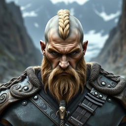 A formidable grey semi-orc barbarian, showcasing a distinctive hairstyle with a blonde braid down the center and shaved bald on the sides