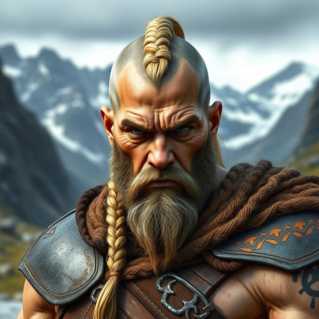 A formidable grey semi-orc barbarian, showcasing a distinctive hairstyle with a blonde braid down the center and shaved bald on the sides