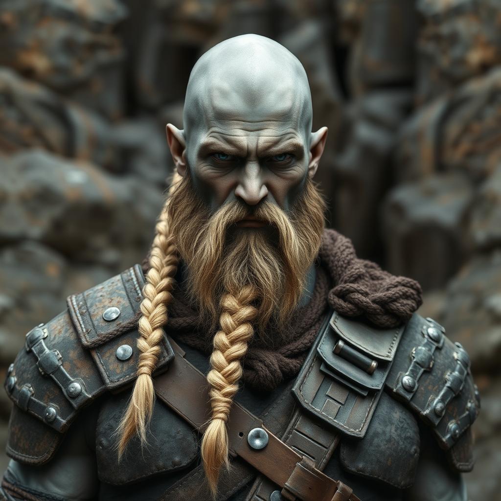 A grey semi-orc barbarian standing proudly, featuring a striking blonde braid down the center of his head, with the sides shaved bald