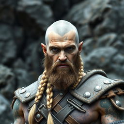 A grey semi-orc barbarian standing proudly, featuring a striking blonde braid down the center of his head, with the sides shaved bald