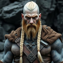 A grey semi-orc barbarian standing proudly, featuring a striking blonde braid down the center of his head, with the sides shaved bald