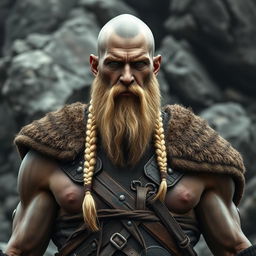 A grey semi-orc barbarian standing proudly, featuring a striking blonde braid down the center of his head, with the sides shaved bald