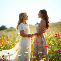 A romantic scene featuring two women deeply in love, standing in a sunlit meadow filled with wildflowers