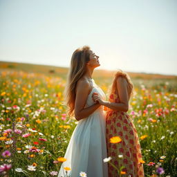 A romantic scene featuring two women deeply in love, standing in a sunlit meadow filled with wildflowers