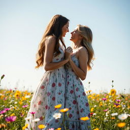 A romantic scene featuring two women deeply in love, standing in a sunlit meadow filled with wildflowers