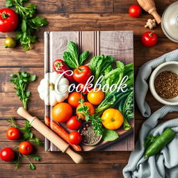 A beautifully designed cookbook cover showcasing an assortment of fresh ingredients like colorful vegetables, herbs, and spices