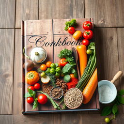 A beautifully designed cookbook cover showcasing an assortment of fresh ingredients like colorful vegetables, herbs, and spices