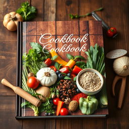 A beautifully designed cookbook cover showcasing an assortment of fresh ingredients like colorful vegetables, herbs, and spices