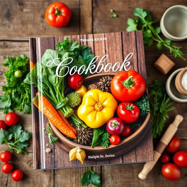 A beautifully designed cookbook cover showcasing an assortment of fresh ingredients like colorful vegetables, herbs, and spices