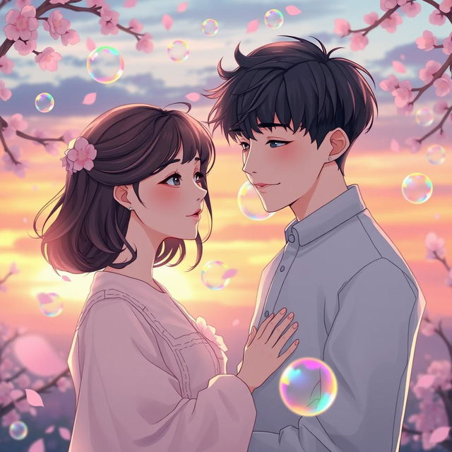 A romantic scene captures the tender love story between Jiwoong and Hao, beautifully illustrated as a dreamy narrative titled "Bubble Love