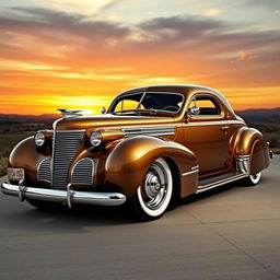 A classic 1940 Cadillac coupe modified into a widebody version, showcasing its elegant vintage design with flared arches and custom modifications