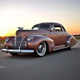 A classic 1940 Cadillac coupe modified into a widebody version, showcasing its elegant vintage design with flared arches and custom modifications