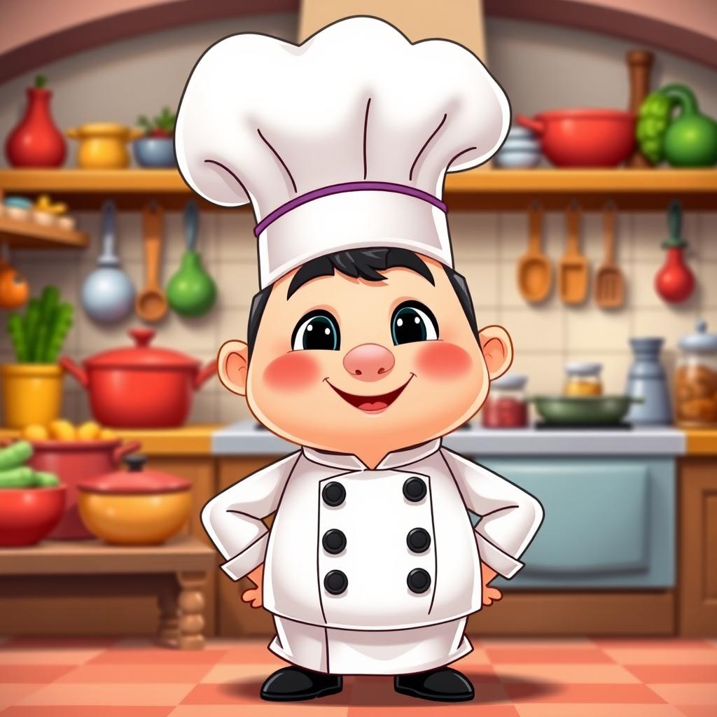 A cartoonish depiction of Chef Cuca, wearing a tall white chef's hat, a white double-breasted jacket with black buttons, and a friendly expression