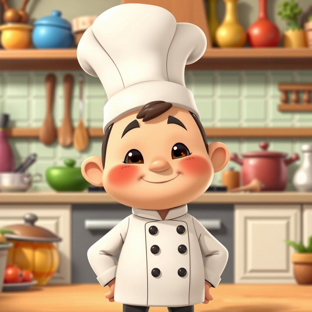 A cartoonish depiction of Chef Cuca, wearing a tall white chef's hat, a white double-breasted jacket with black buttons, and a friendly expression