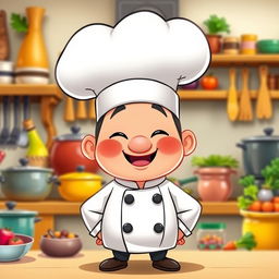 A cartoonish depiction of Chef Cuca, wearing a tall white chef's hat, a white double-breasted jacket with black buttons, and a friendly expression