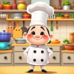 A cartoonish depiction of Chef Cuca, wearing a tall white chef's hat, a white double-breasted jacket with black buttons, and a friendly expression