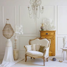 An elegant room completely in white, beautifully enhanced with a variety of eclectic decorations.