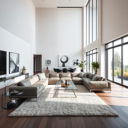 A modern and luxurious interior design of a spacious living room, featuring a minimalist aesthetic with sleek furniture, a large L-shaped leather sofa, a glass coffee table, and a floor-to-ceiling window allowing natural light to flood the space