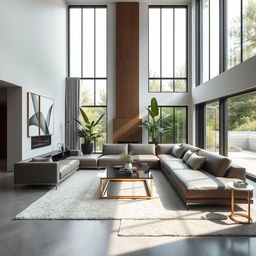 A modern and luxurious interior design of a spacious living room, featuring a minimalist aesthetic with sleek furniture, a large L-shaped leather sofa, a glass coffee table, and a floor-to-ceiling window allowing natural light to flood the space