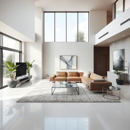 A modern and luxurious interior design of a spacious living room, featuring a minimalist aesthetic with sleek furniture, a large L-shaped leather sofa, a glass coffee table, and a floor-to-ceiling window allowing natural light to flood the space