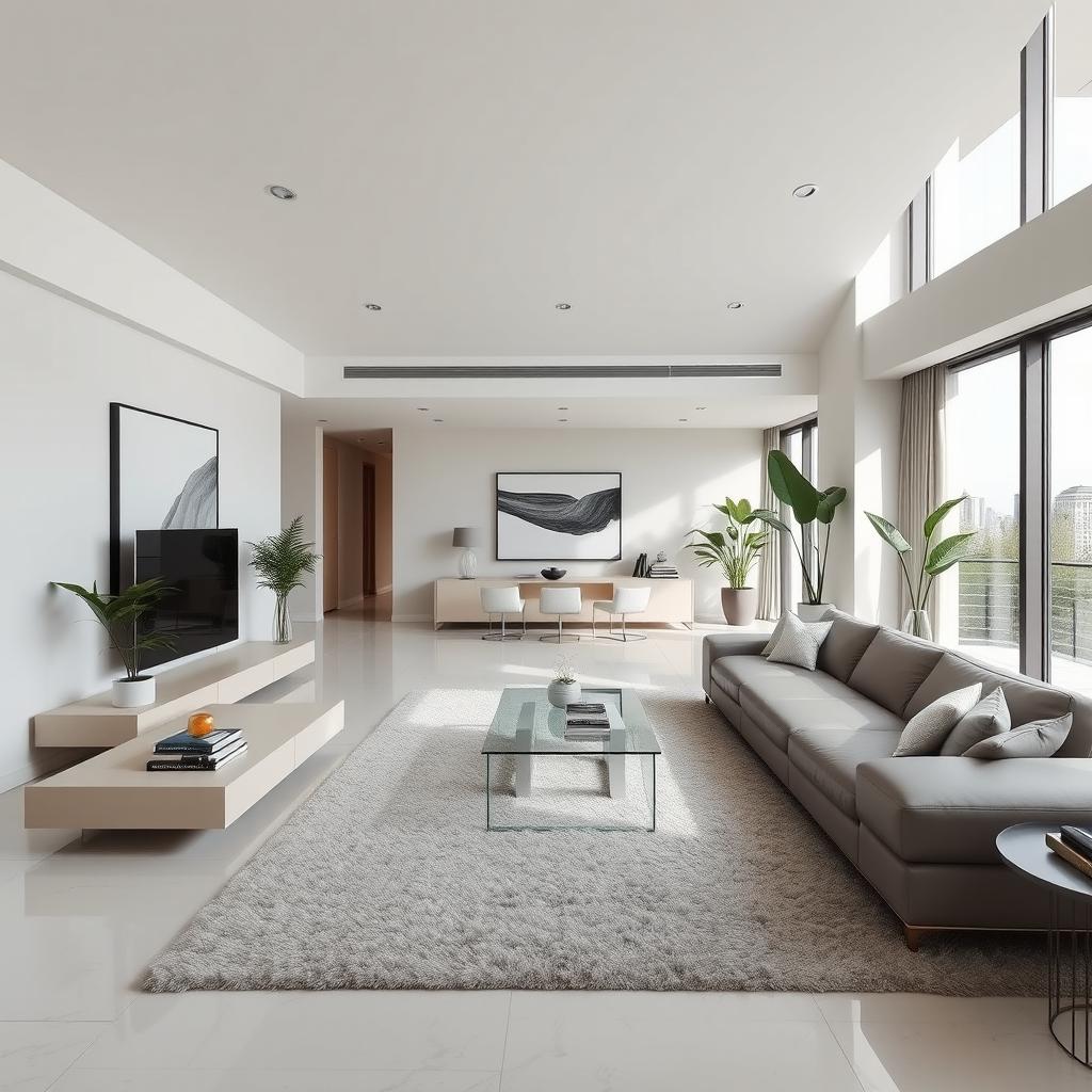 A modern and luxurious interior design of a spacious living room, featuring a minimalist aesthetic with sleek furniture, a large L-shaped leather sofa, a glass coffee table, and a floor-to-ceiling window allowing natural light to flood the space