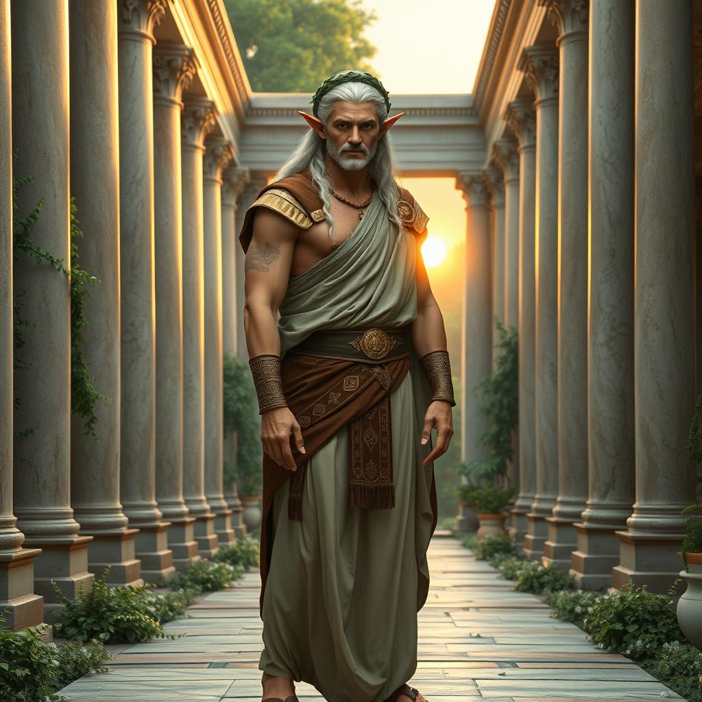 A majestic High Elf man in traditional Roman garb, standing confidently