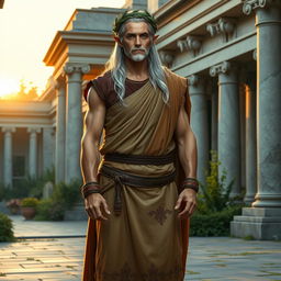 A majestic High Elf man in traditional Roman garb, standing confidently